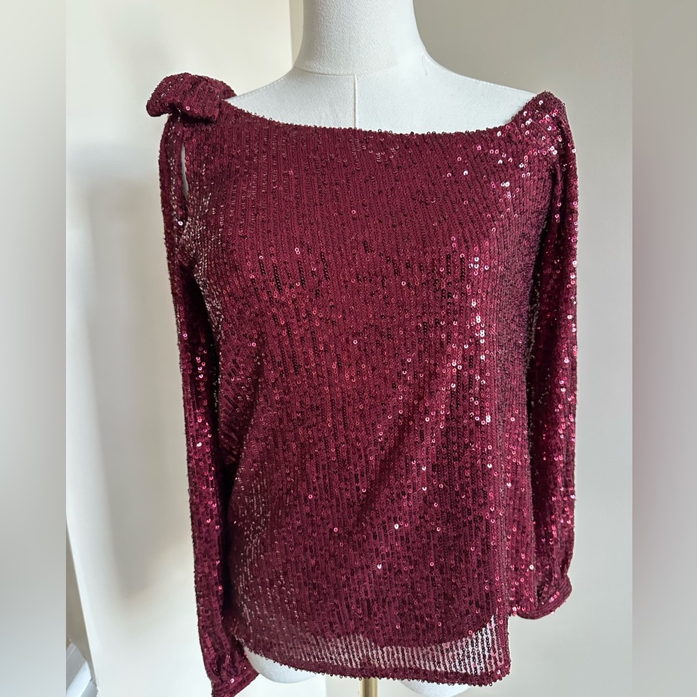 CeCe Burgundy Sequin Top- X-Small - Picture 4 of 11